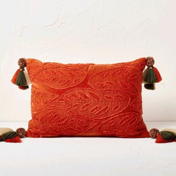 Oblong Embroidered Leaf Pattern Accent Pillow Rust - Picture 1 of 9